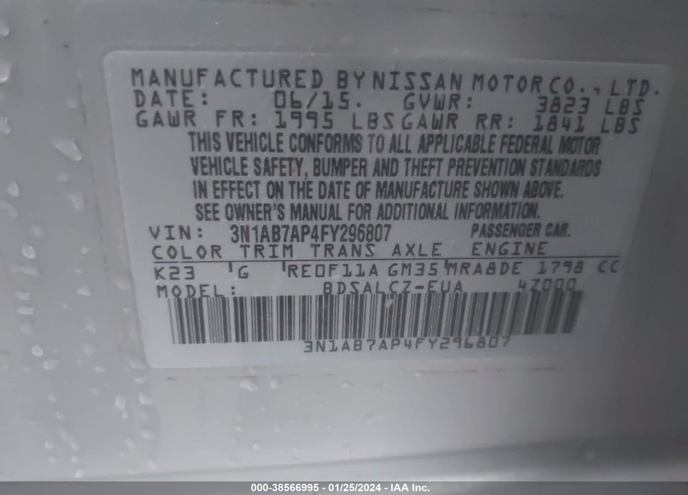 2015 NISSAN SENTRA S VIN: 3N1AB7AP4FY296807