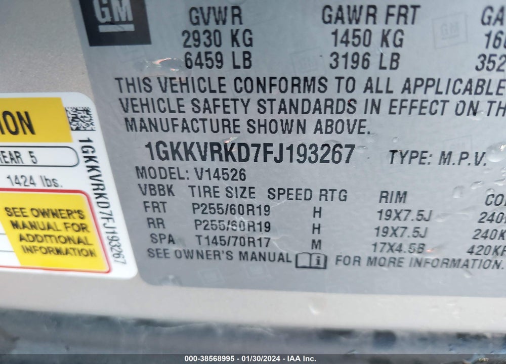2015 GMC ACADIA SLT-1 VIN: 1GKKVRKD7FJ193267