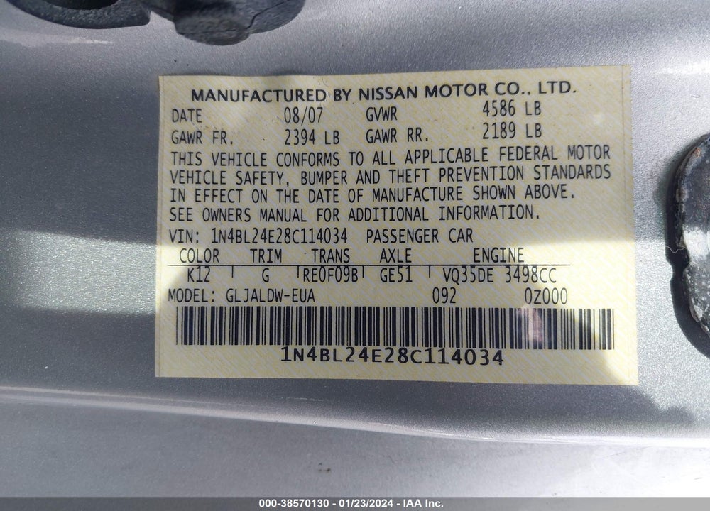 2008 NISSAN ALTIMA 3.5 SE VIN: 1N4BL24E28C114034