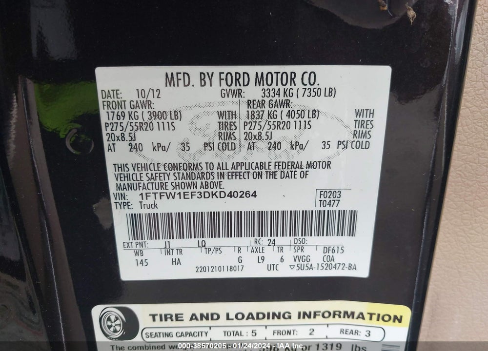 2013 FORD F-150 VIN: 1FTFW1EF3DKD40264
