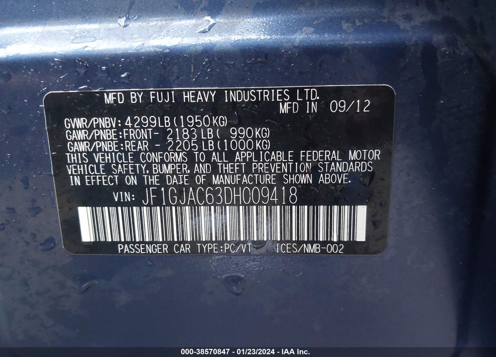 2013 SUBARU IMPREZA VIN: JF1GJAC63DH009418