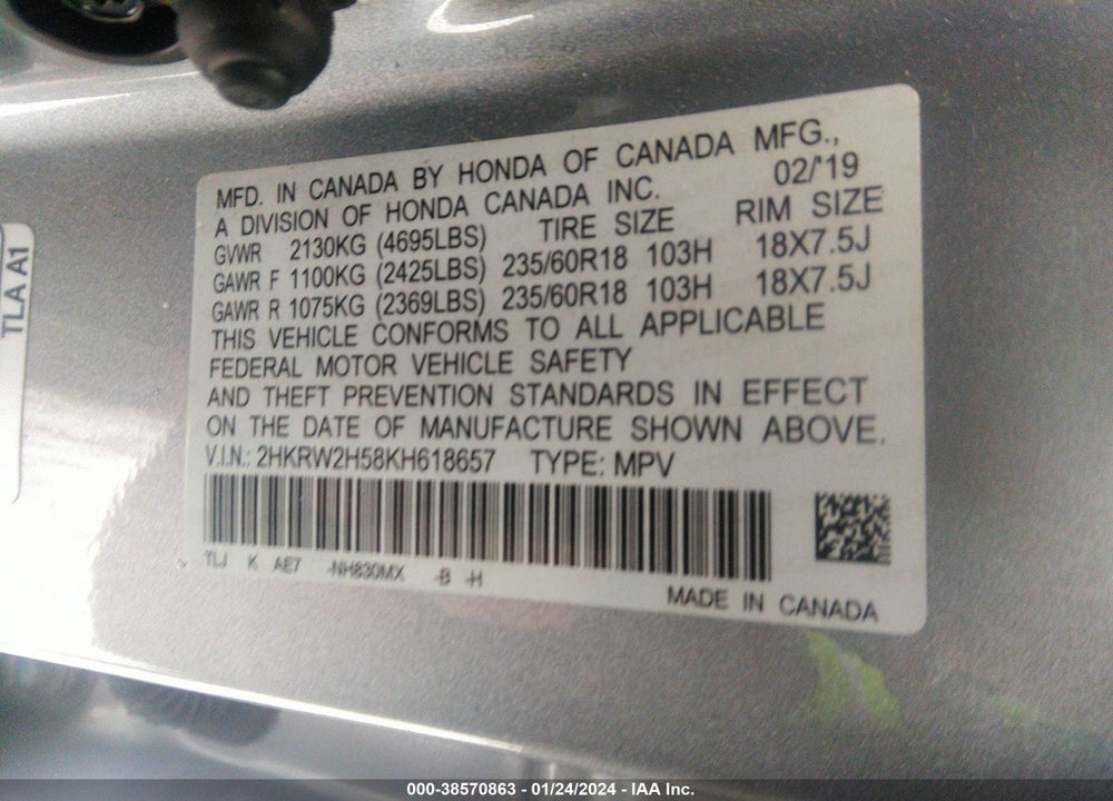 2019 HONDA CR-V EX VIN: 2HKRW2H58KH618657