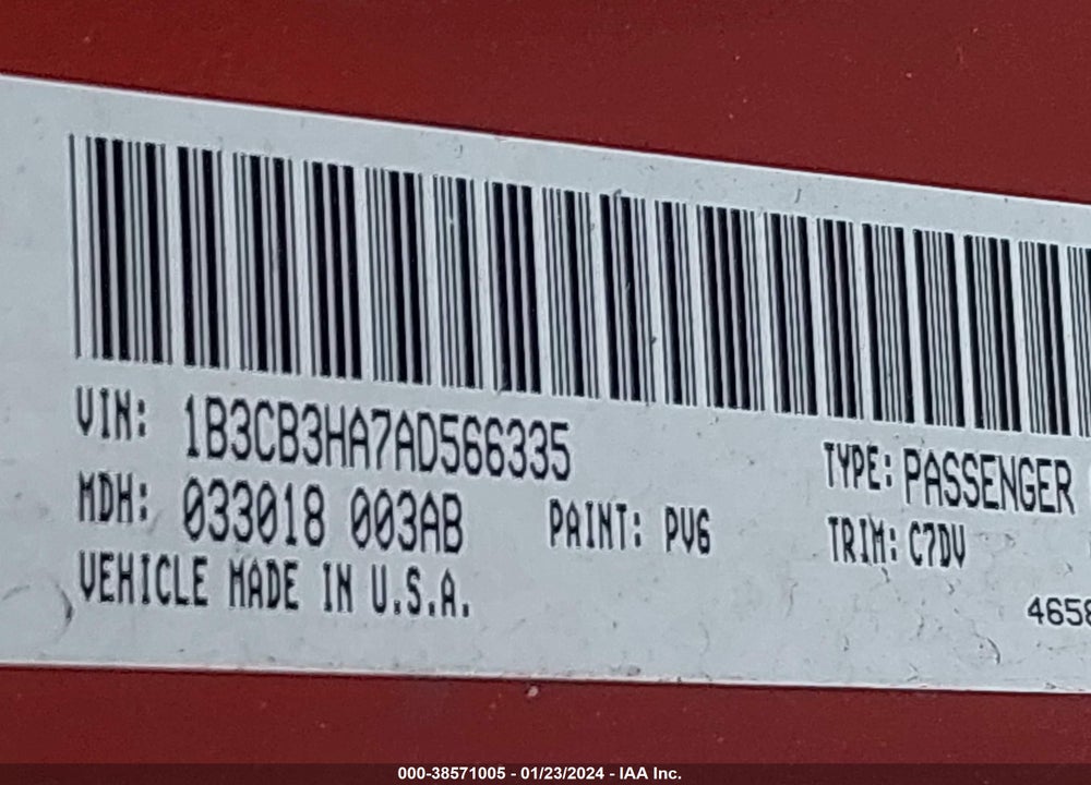 2010 DODGE CALIBER MAINSTREET VIN: 1B3CB3HA7AD566335