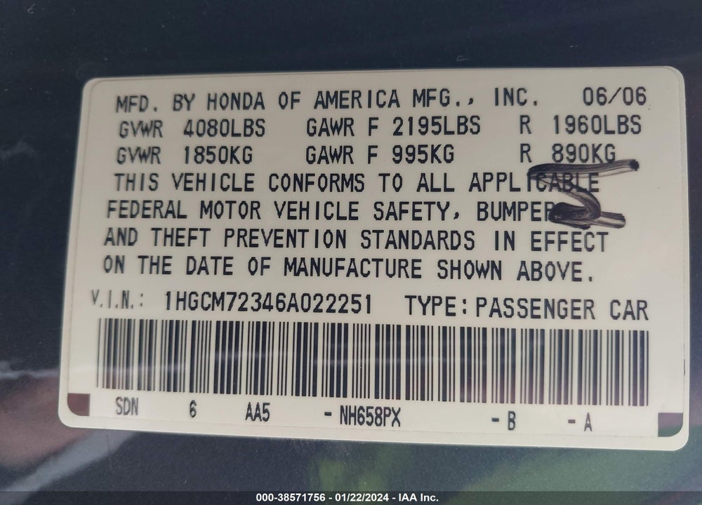 2006 HONDA ACCORD 2.4 LX VIN: 1HGCM72346A022251