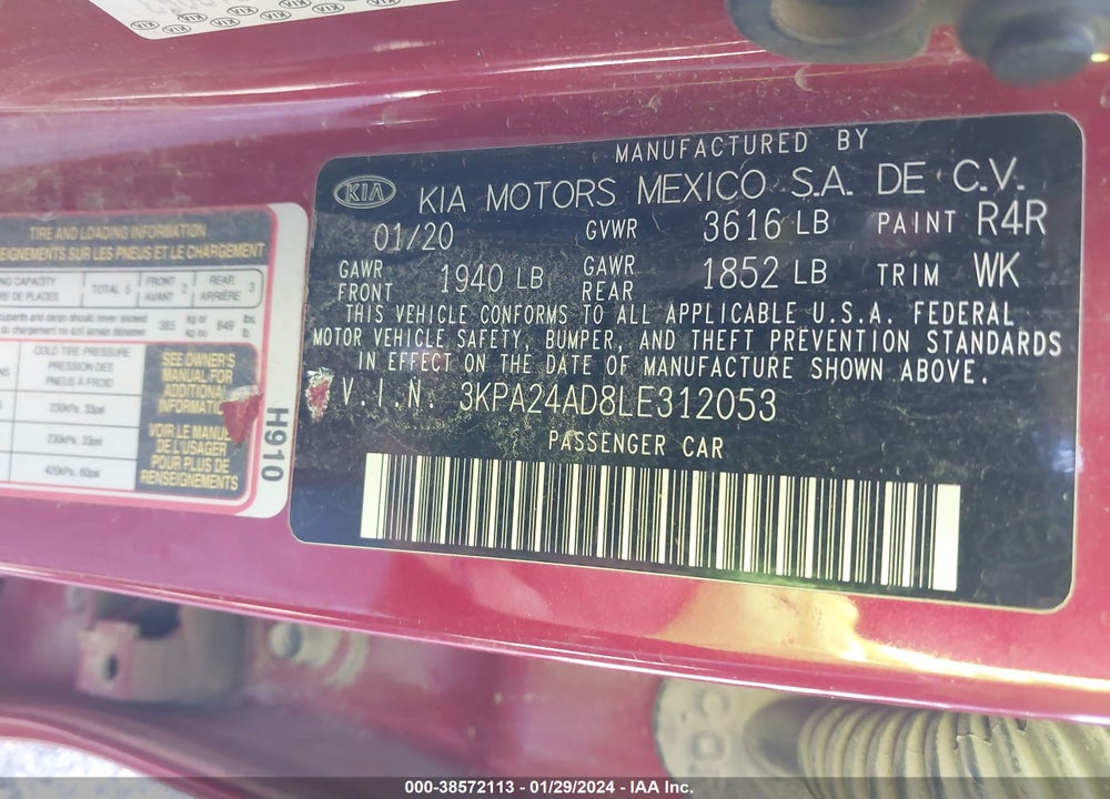 2020 KIA RIO S VIN: 3KPA24AD8LE312053