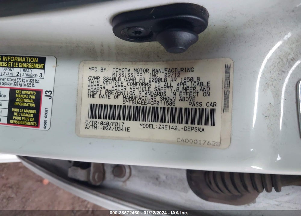 2012 TOYOTA COROLLA S VIN: 5YFBU4EE4CP011585