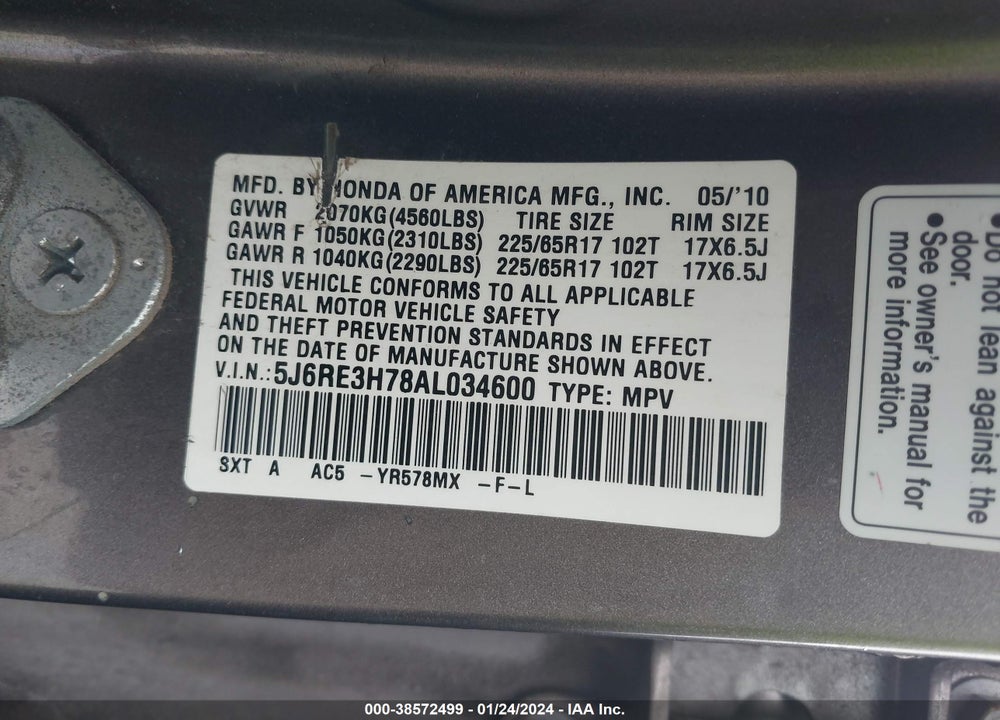 2010 HONDA CR-V EX-L VIN: 5J6RE3H78AL034600