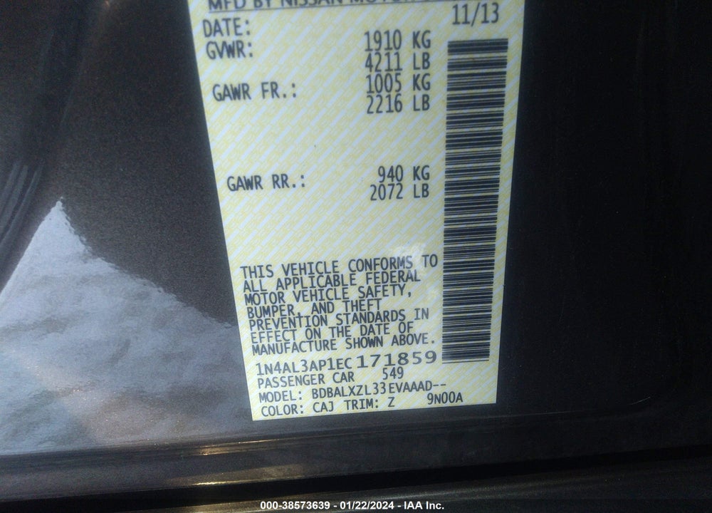 2014 NISSAN ALTIMA 2.5 SL VIN: 1N4AL3AP1EC171859