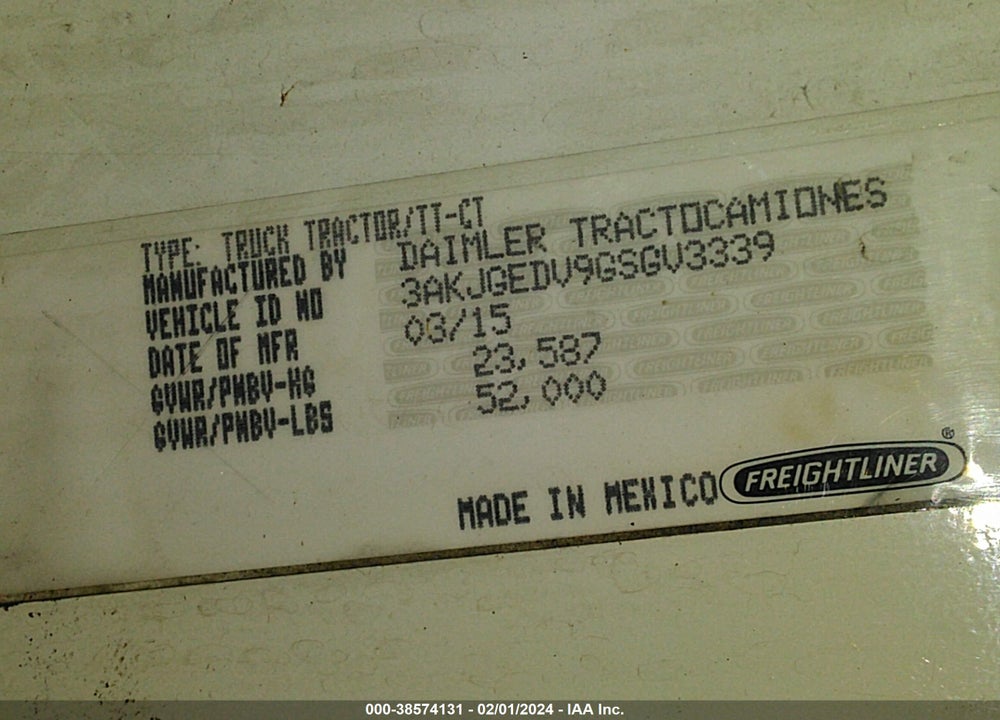 2016 FREIGHTLINER CASCADIA 125 VIN: 3AKJGEDV9GSGV3339