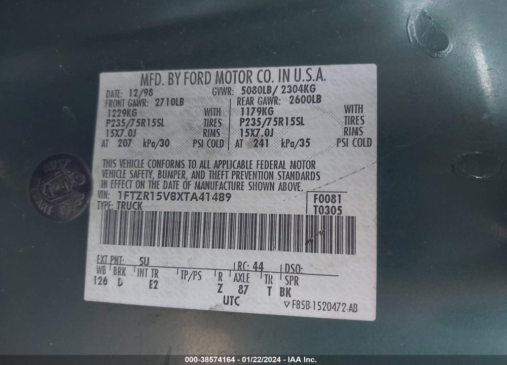 1999 FORD RANGER XL/XLT VIN: 1FTZR15V8XTA41489