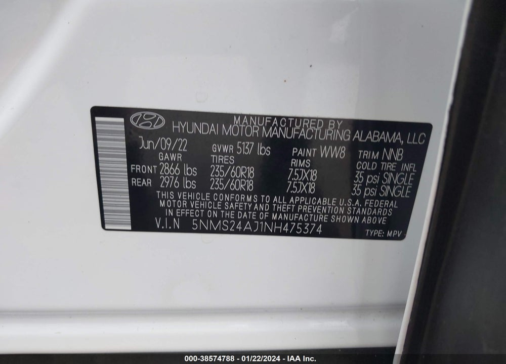 2022 HYUNDAI SANTA FE SEL VIN: 5NMS24AJ1NH475374