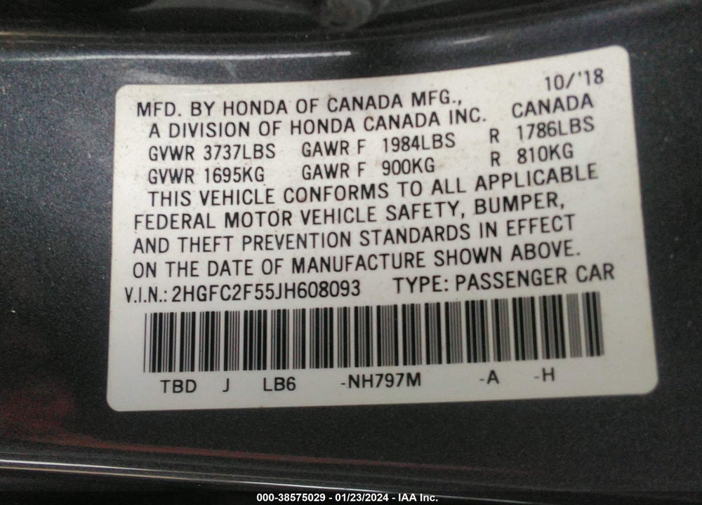 2018 HONDA CIVIC VIN: 2HGFC2F55JH608093