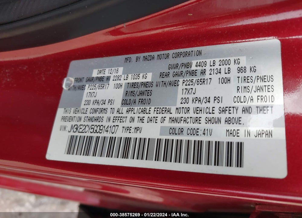 2016 MAZDA CX-5 TOURING VIN: JM3KE2CY5G0914107