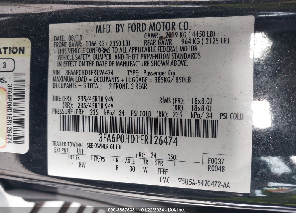 2014 FORD FUSION SE VIN: 3FA6P0HD1ER126474