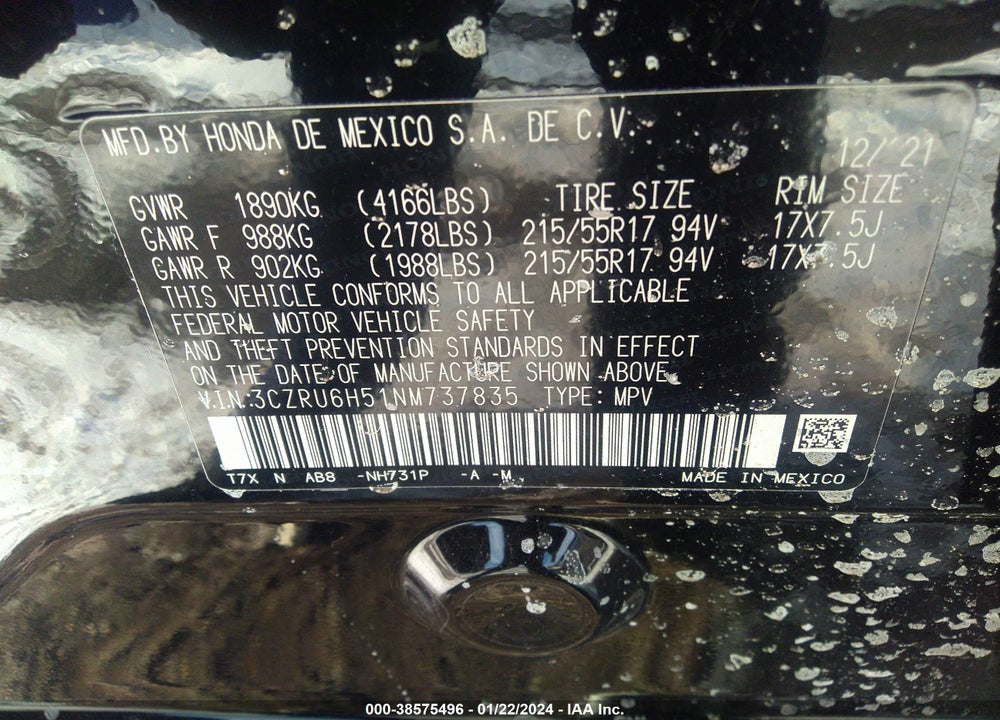 2022 HONDA HR-V AWD EX VIN: 3CZRU6H51NM737835