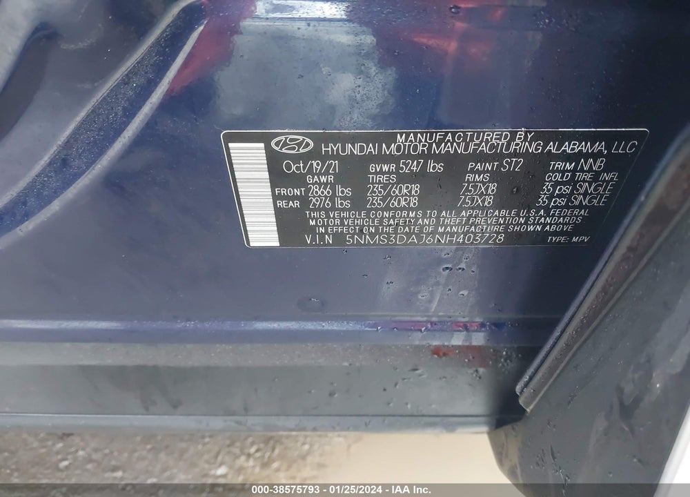2022 HYUNDAI SANTA FE SEL VIN: 5NMS3DAJ6NH403728
