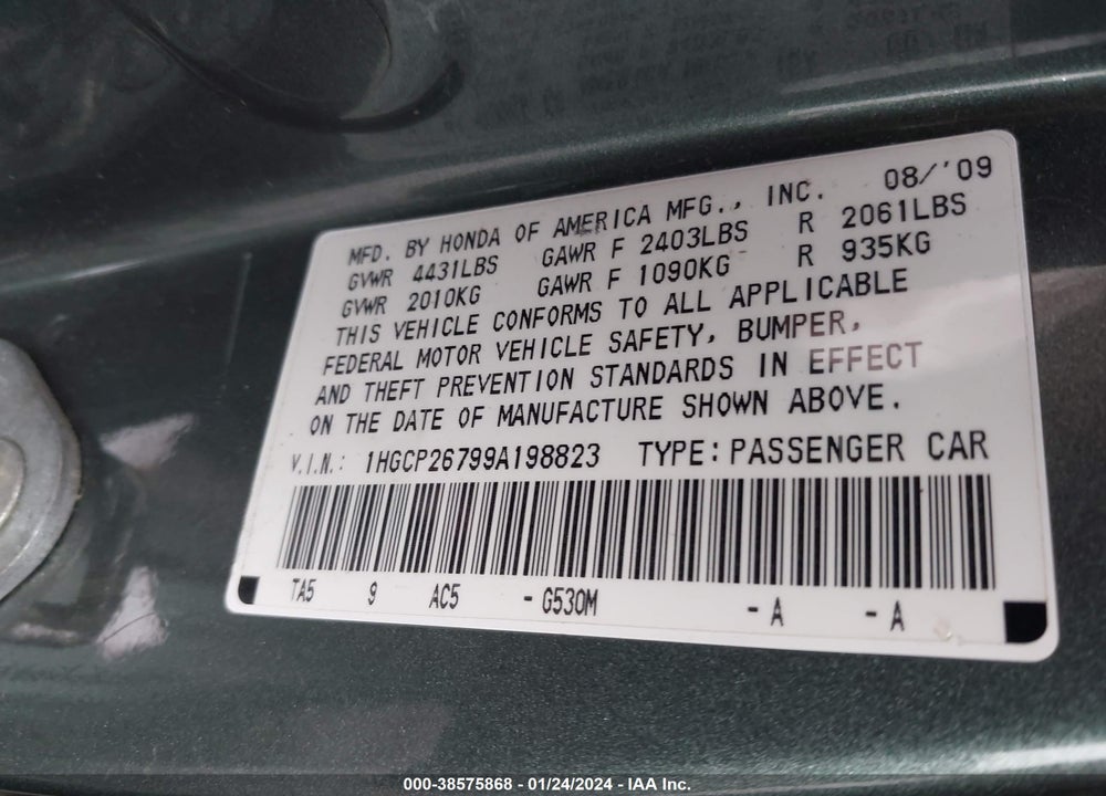 2009 HONDA ACCORD VIN: 1HGCP26799A198823