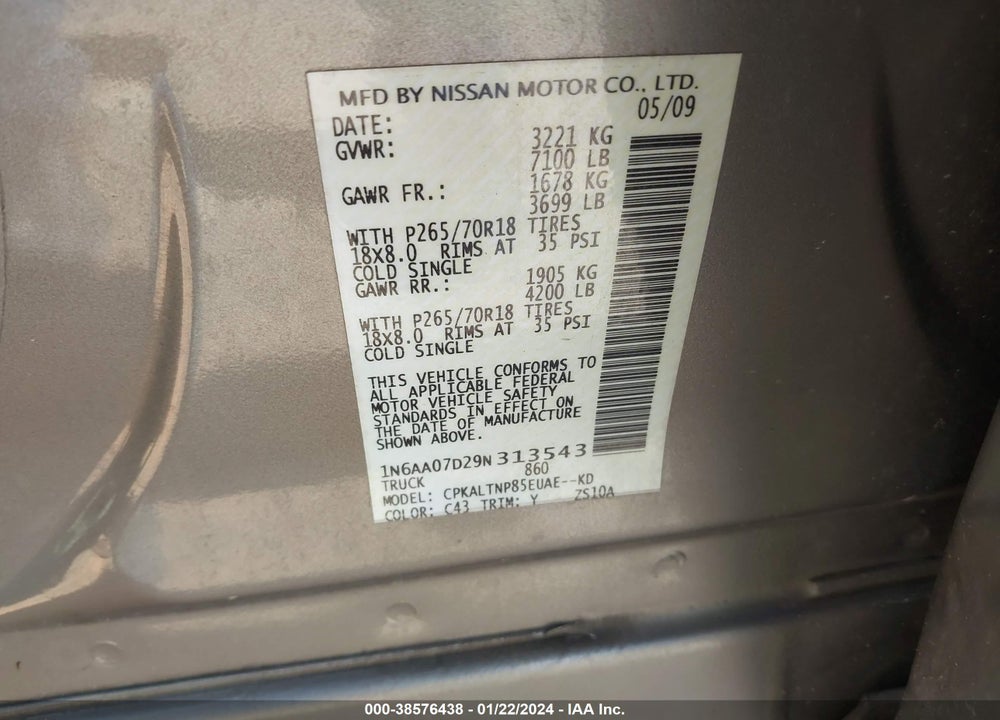 2009 NISSAN TITAN SE VIN: 1N6AA07D29N313543
