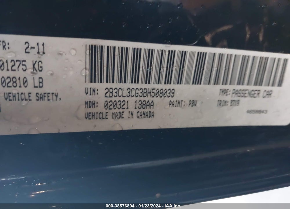 2011 DODGE CHARGER VIN: 2B3CL3CG3BH508039