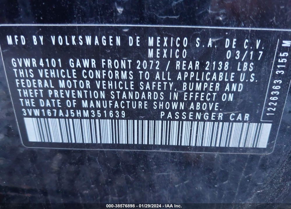 2017 VOLKSWAGEN JETTA 1.4T S VIN: 3VW167AJ5HM351639