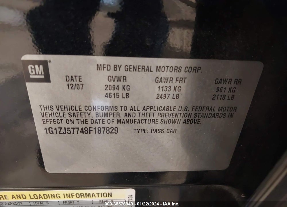 2008 CHEVROLET MALIBU LT VIN: 1G1ZJ57748F187829
