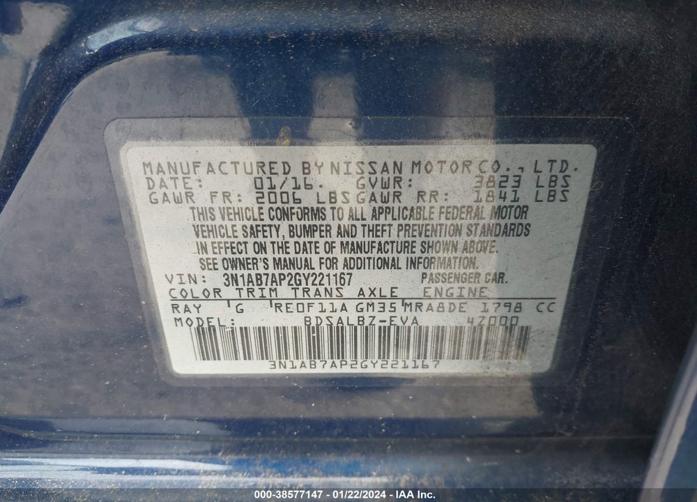2016 NISSAN SENTRA S VIN: 3N1AB7AP2GY221167
