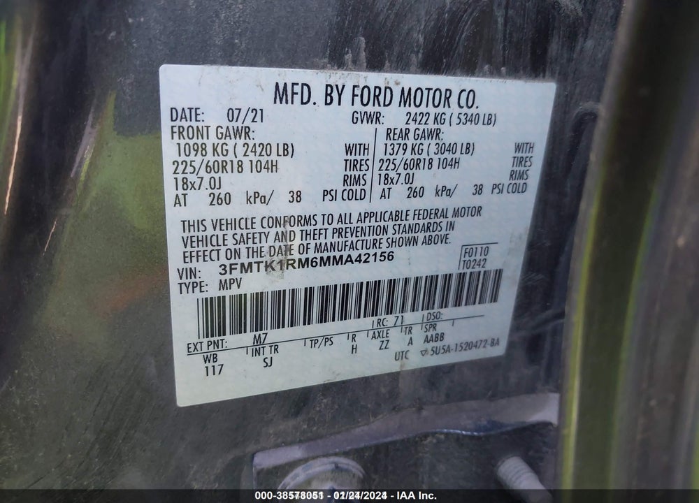 2021 FORD MUSTANG MACH-E VIN: 3FMTK1RM6MMA42156