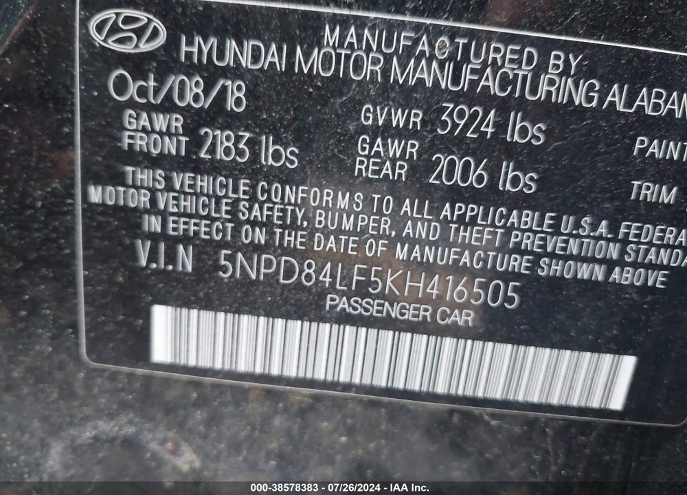 2019 HYUNDAI ELANTRA SEL VIN: 5NPD84LF5KH416505