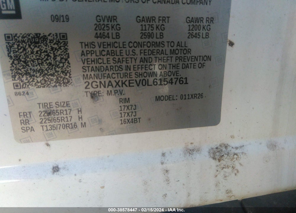 2020 CHEVROLET EQUINOX FWD LT 1.5L TURBO VIN: 2GNAXKEV0L6154761