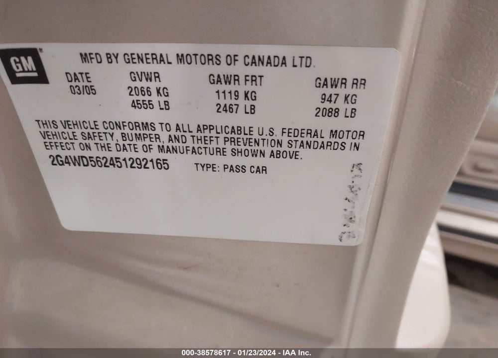 2005 BUICK LACROSSE CXL VIN: 2G4WD562451292165