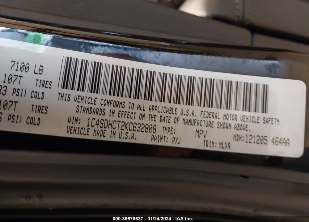 2019 DODGE DURANGO VIN: 1C4SDHCT2KC632808