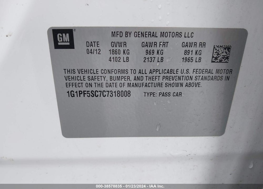 2012 CHEVROLET CRUZE 1LT VIN: 1G1PF5SC7C7318008