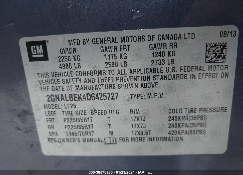 2013 CHEVROLET EQUINOX VIN: 2GNALBEK4D6425727