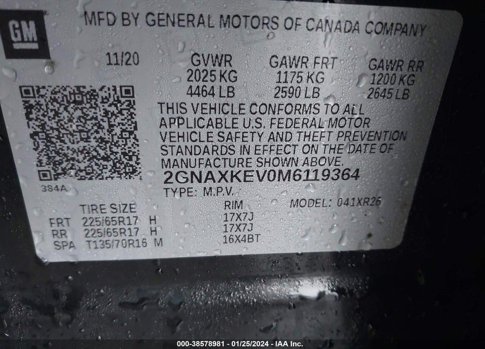 2021 CHEVROLET EQUINOX FWD LT VIN: 2GNAXKEV0M6119364