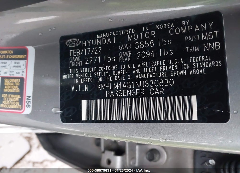 2022 HYUNDAI ELANTRA SEL VIN: KMHLM4AG1NU330830