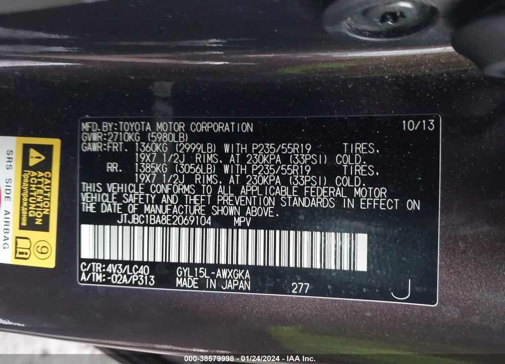 2014 LEXUS RX 450H VIN: JTJBC1BA8E2069104