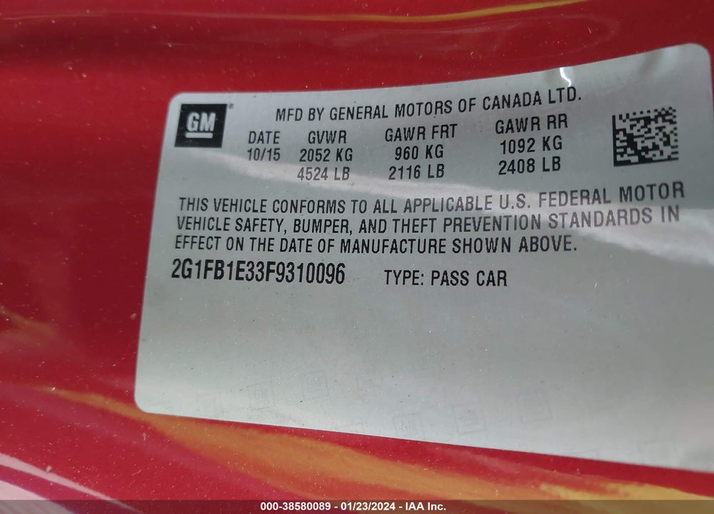 2015 CHEVROLET CAMARO 2LS VIN: 2G1FB1E33F9310096