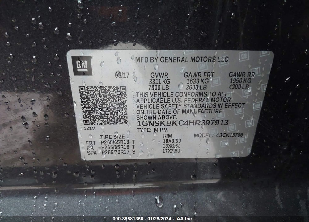 2017 CHEVROLET TAHOE LT VIN: 1GNSKBKC4HR397913