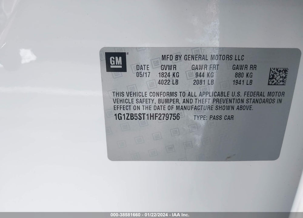 2017 CHEVROLET MALIBU LS VIN: 1G1ZB5ST1HF279756
