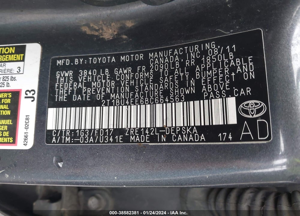 2011 TOYOTA COROLLA S VIN: 2T1BU4EE6BC664563