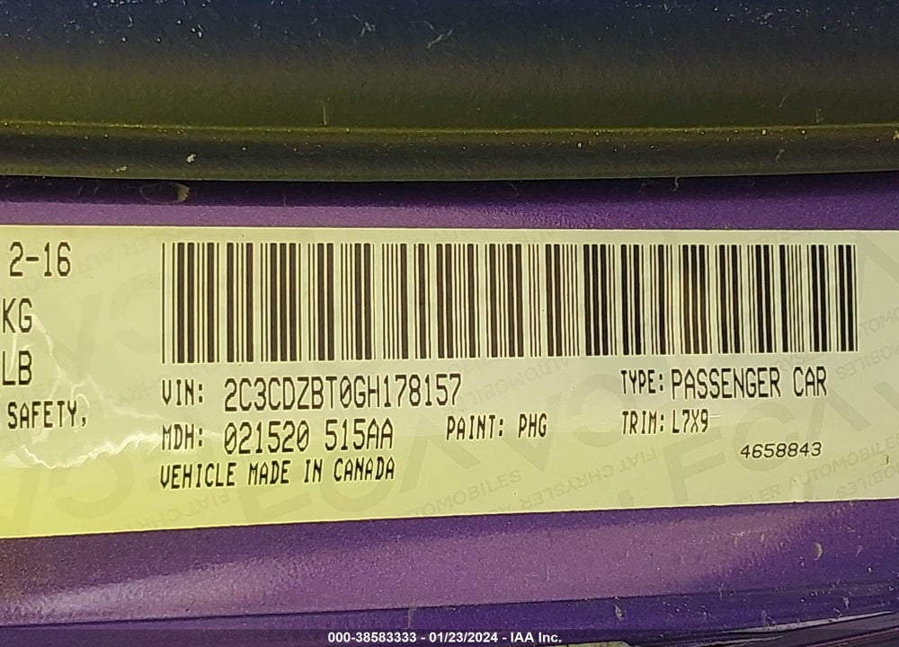 2016 DODGE CHALLENGER R/T VIN: 2C3CDZBT0GH178157