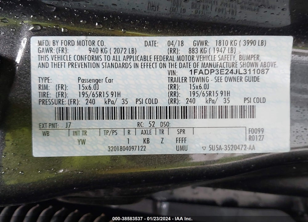 2018 FORD FOCUS S VIN: 1FADP3E24JL311087