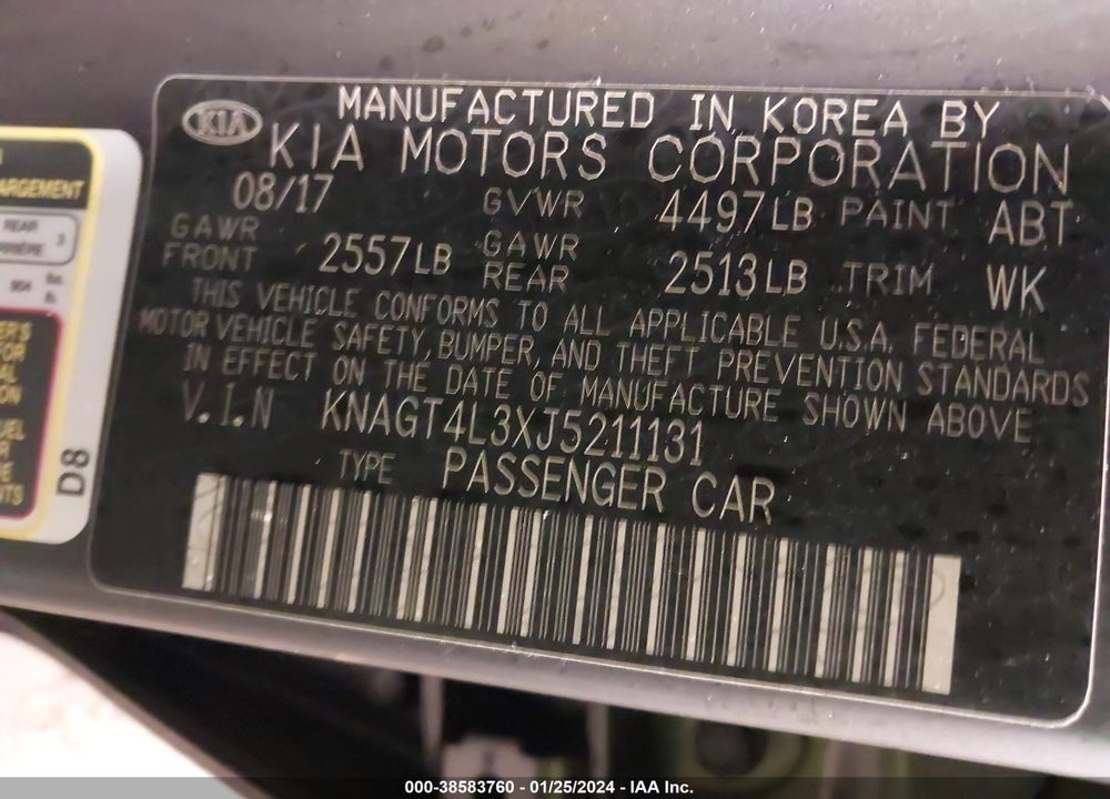 2018 KIA OPTIMA LX VIN: KNAGT4L3XJ5211131