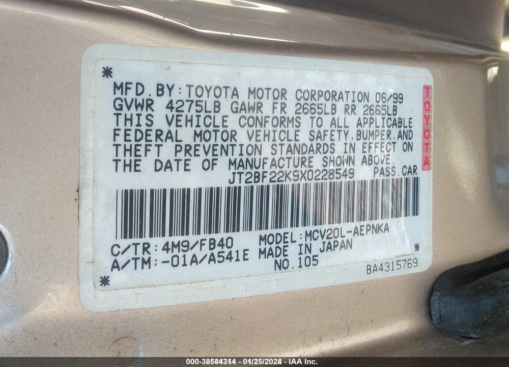 1999 TOYOTA CAMRY LE V6/XLE V6 VIN: JT2BF22K9X0228549
