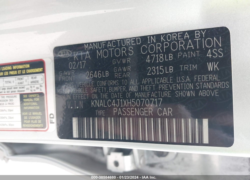 2017 KIA CADENZA TECHNOLOGY VIN: KNALC4J1XH5070717