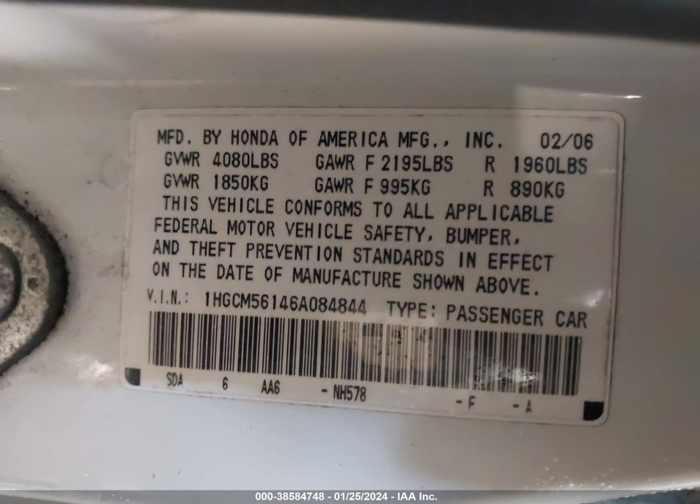 2006 HONDA ACCORD 2.4 VP VIN: 1HGCM56146A084844