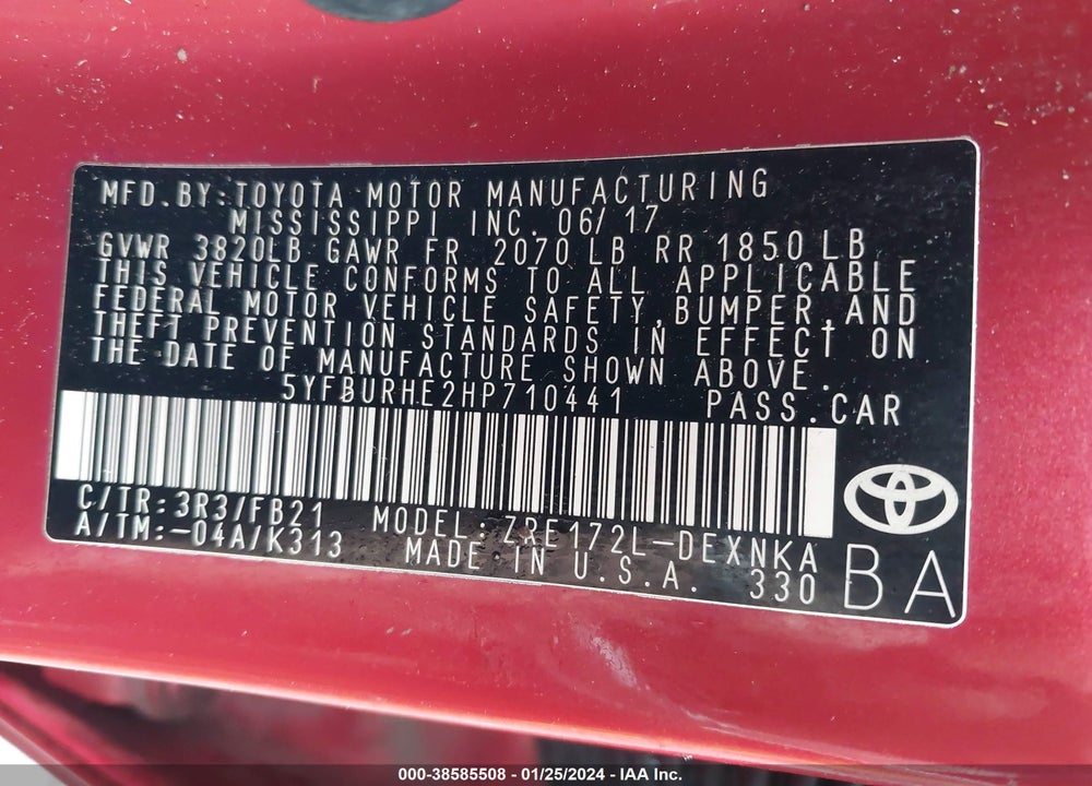 2017 TOYOTA COROLLA LE VIN: 5YFBURHE2HP710441