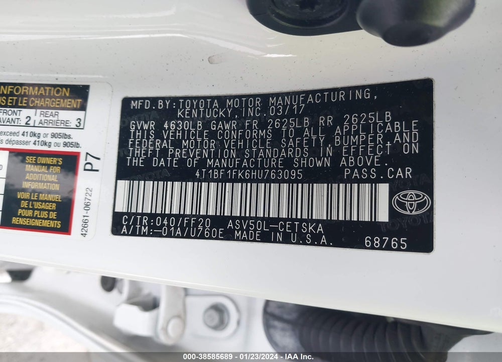 2017 TOYOTA CAMRY SE VIN: 4T1BF1FK6HU763095