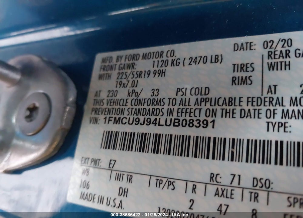 2020 FORD ESCAPE TITANIUM VIN: 1FMCU9J94LUB08391