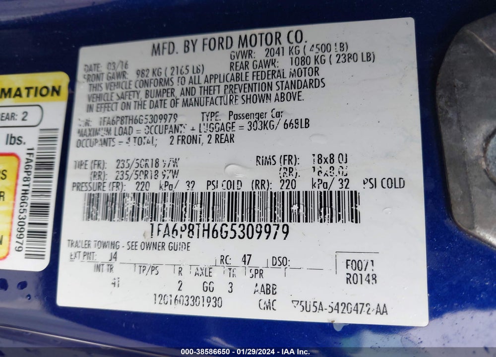 2016 FORD MUSTANG ECOBOOST VIN: 1FA6P8TH6G5309979